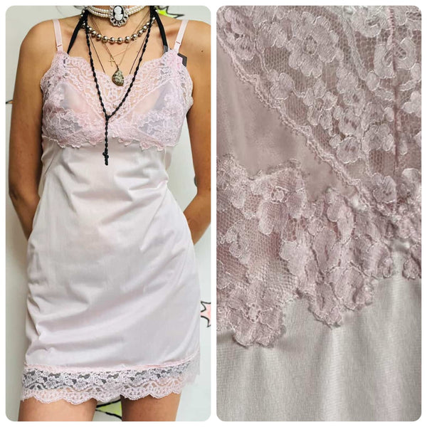 Vintage Cotton Candy Pink Lace Slip Dress 34A - Babydoll Fairy Coquette Rococo