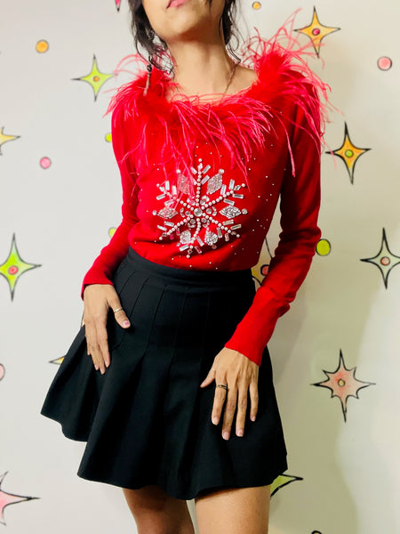 Vintage Y2K Red Ugly Christmas Sweater Snowflake Embellished Holiday Party - S