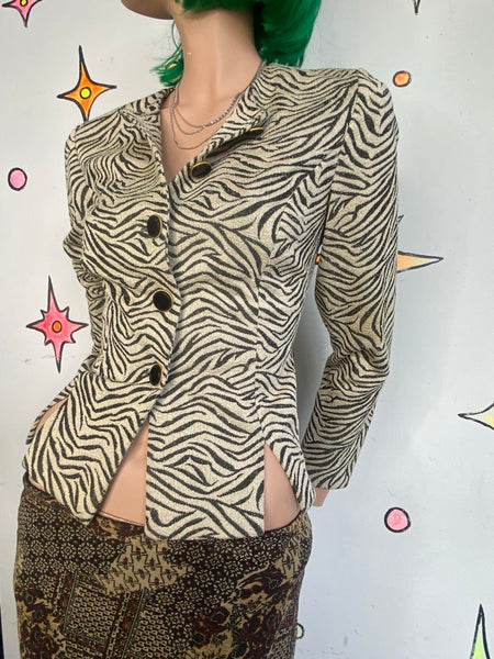 Vintage 90s Zebra Print Blazer Leslie Fay Vegan Animal Print Office Siren Glam - S