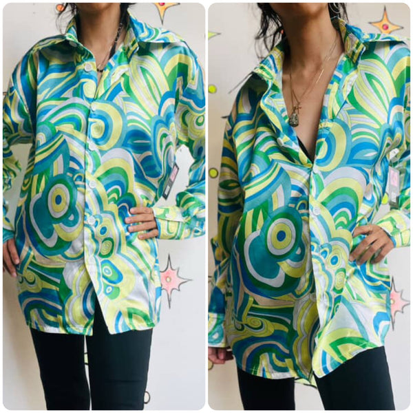 Vintage 70s Retro Groovy Psychedelic Op Art Disco Shirt – Dagger Collar M/L