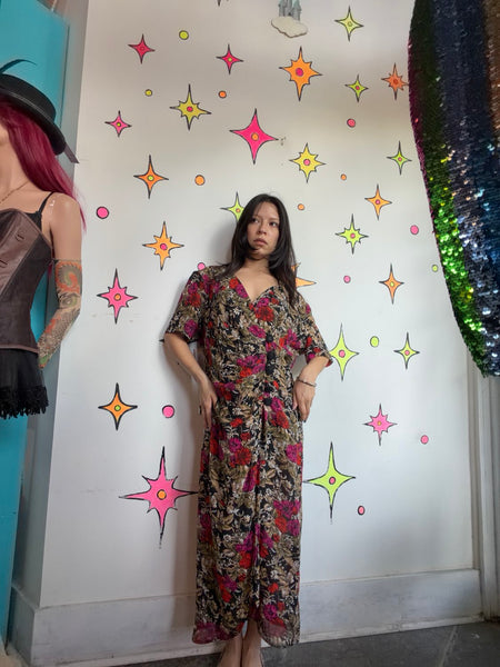 90s Floral Silk Dress Romantic Fairy Grunge Whimsy Goth Office Siren M/L