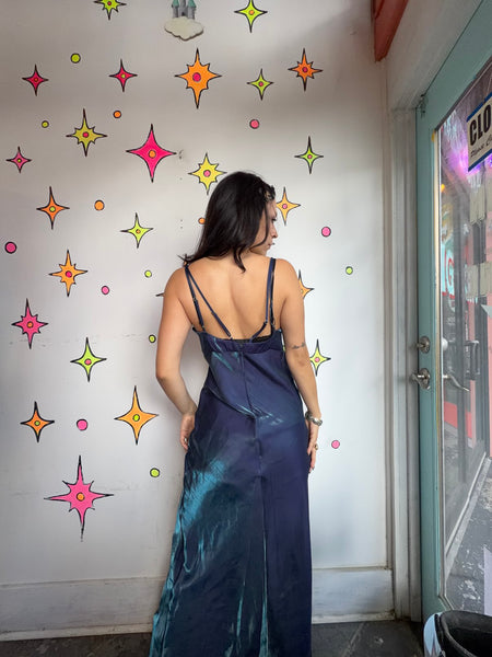 Vintage 90s Blue Iridescent Maxi Slip Dress | Fairy Grunge Y2K Glam Small Medium