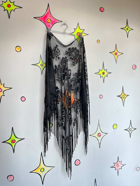 Vintage Sheer Black Fringe Shawl - Western Boho Grunge Witchy Goth Wrap Scarf