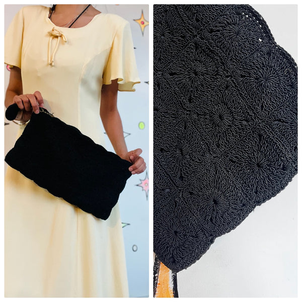 Vintage 1950s Black Crochet Clutch – Evening Bag Classic Cocktail Purse Handbag