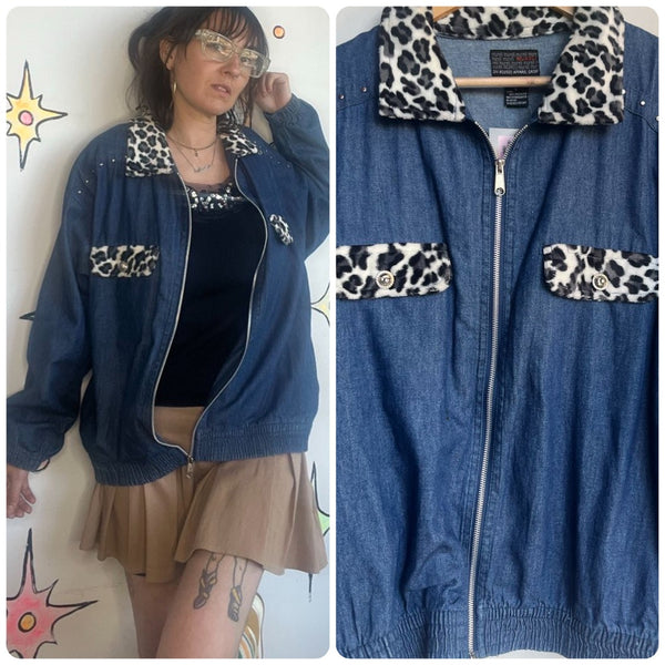 80s Denim Jacket with Leopard Trim | Boho Grunge Studded Jean Jacket – L