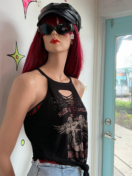 Y2K Black Thrashed Grunge Goth Metal Tattoo Print Tee Tank Top S/M