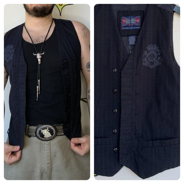 Y2K Tattoo Print Pinstripe Vest Goth Dark Academia Indie Sleaze Button Up – S