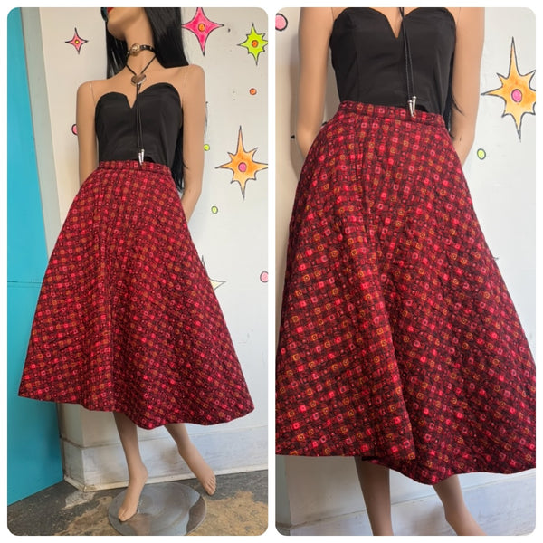 Vintage 50s Red Quilted Skirt | Full Twirl Party Skirt Old Hollywood Glam Pinup Rockabilly S