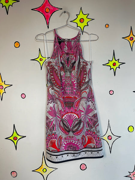 Vintage 90s Retro 60s 70s Mod GoGo Psychedelic Pink Paisley Mini Party Dress PS