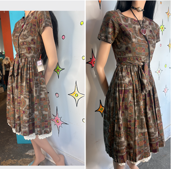 Vintage 50s Earth Tone Tiki Mid Century Art Print Fit & Flare Cotton Dress - S