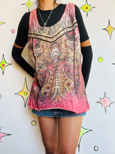 Y2K Tattoo Print McBling Embellished Tank Indie Sleaze Lace Fairy Grunge Top XL