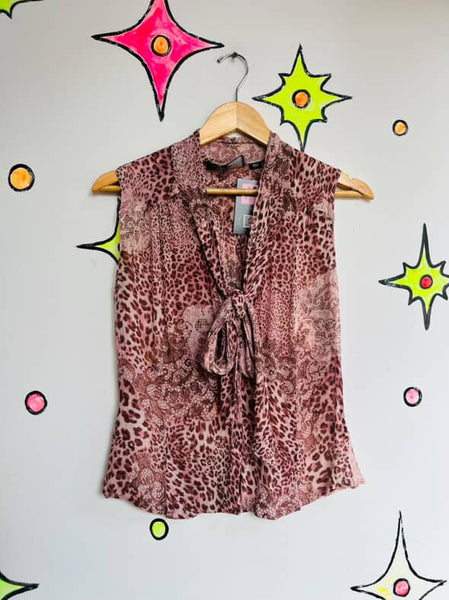 Vintage Nicole Miller Silk Pink Sheer Bow Neck Top | Leopard Print Fairy Grunge