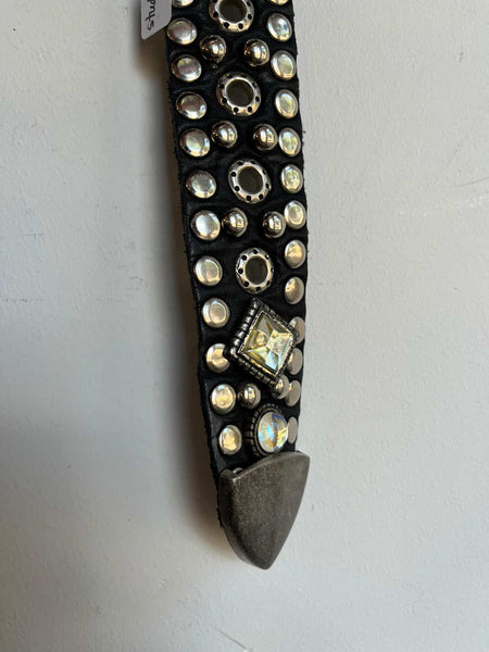 Y2K Leather Heavily Embellished Studded Rhinestone Belt Fairy Grunge 29" - 32.5"