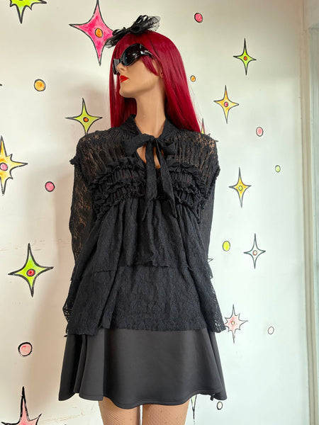 Romantic Y2K Dark Gothic Tiered Lace Blouse Bow Neck Vampire Siren Top XL