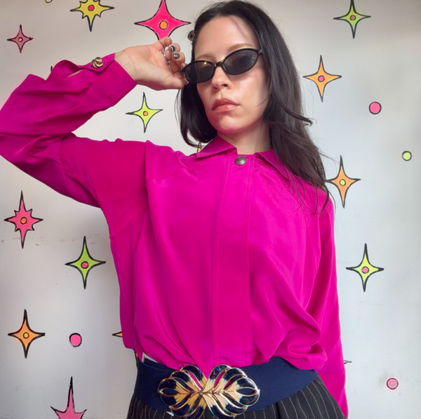 Vintage 80s Hot Pink Silk Blouse Bright Pink Glam Office Siren Top Maximalist M