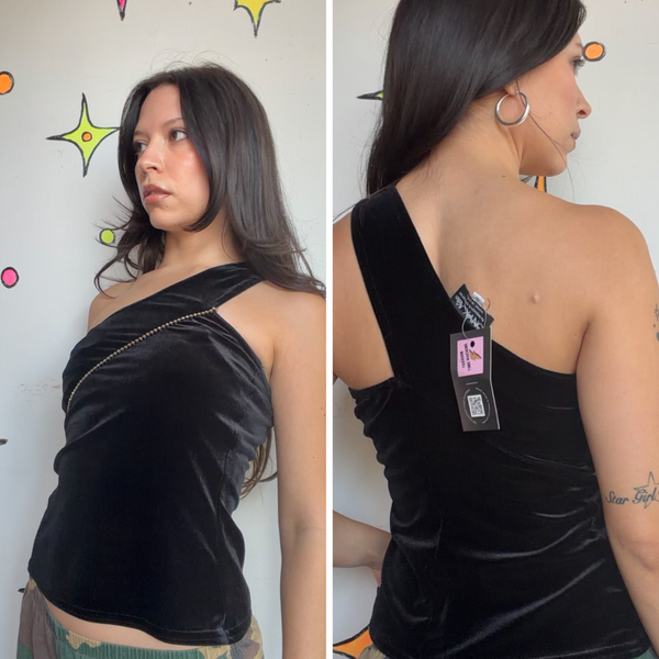 Vintage 90s Black Velvet One Shoulder Top | Goth Grunge Asymmetrical Party Top S