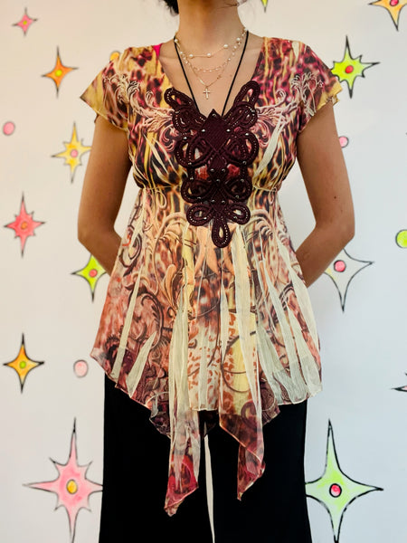 Vintage Y2K Affliction-Style Boho Grunge Fairy Tattoo Tee Crochet Embellished S