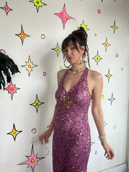 Vintage Y2K Glitter Glam Adrianna Papell Silk Fully Beaded Goddess Formal Gown 4