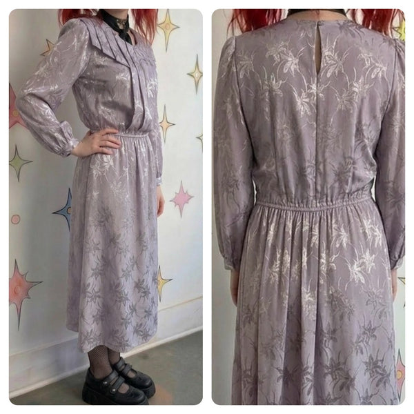 Vintage 80s | Lavender Pastel Silky Flowy Goddess Secretary Dress | 7 8