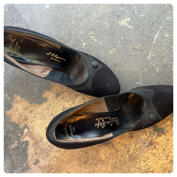 Vintage 40s 50s Black Suede Round-Toe Embellished Heels - Palter Deliso - 8.5