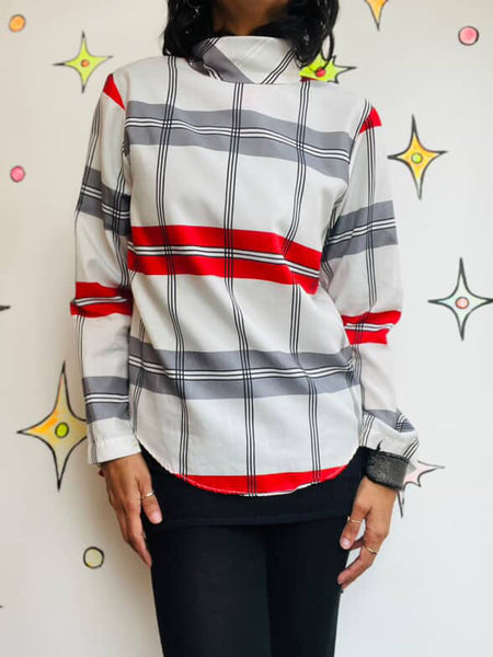 Vintage 70s 80s White & Red Plaid Secretary Blouse - Retro Statement Top - S M