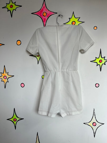 Vintage 60s–70s White Ribbed Go-Go Mod Romper | Groovy Mini Playsuit | XS