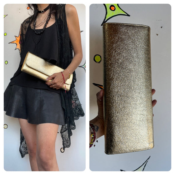Vintage 50s 60s | Gold Metallic Envelope Clutch Handbag Purse MOD 1960s