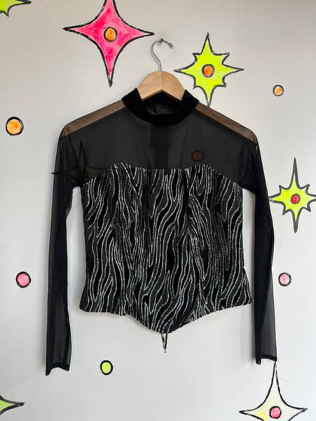 Vintage 90s Joseph Ribkoff Black Mesh Top Silver Zebra Stripe Velvet Burnout S