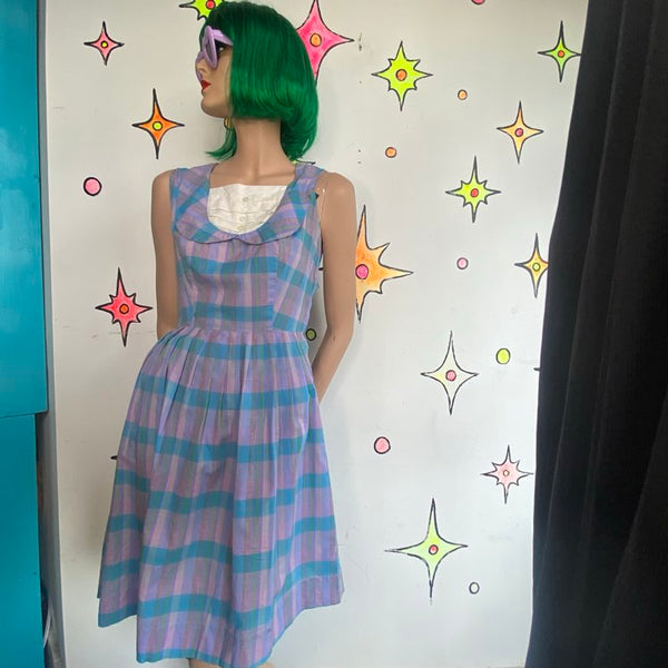 Vintage 50s Pastel Plaid Midi Dress Handmade Cotton Rockabilly Pin Up - Small