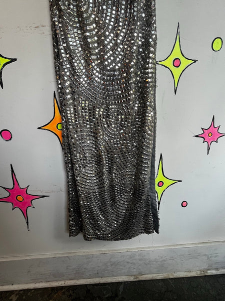Vintage Silver Beaded Silk Gown Movie Star Glam Evening Dress Formal 90s S