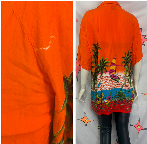 Vintage 90s Hawaiian Tiki Aloha Orange Button Up Party Shirt XL+