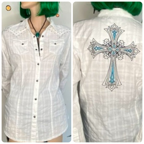 Vintage Y2K White Bedazzled Cross Western Pearl Snap | McBling Cowgirl M