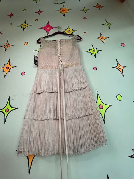 Pink Silk Beaded Fringe Gatsby 1920s Revival Flapper Art Deco Party Dress S