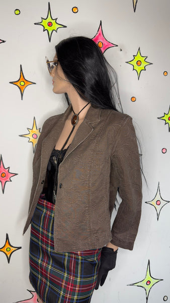 Brown Cropped Blazer Y2K Fairy Academia Embroidered Linen Feel - Preppy Glam M
