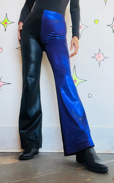 Vintage Stretchy Glam Metallic Black & Purple Rave Disco Bellbottom Flares | S