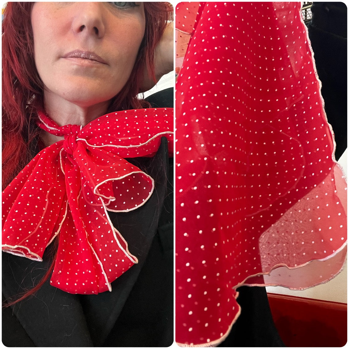 Vintage | Charming Bright Red and White Polka Dot Long Sheer Scarf