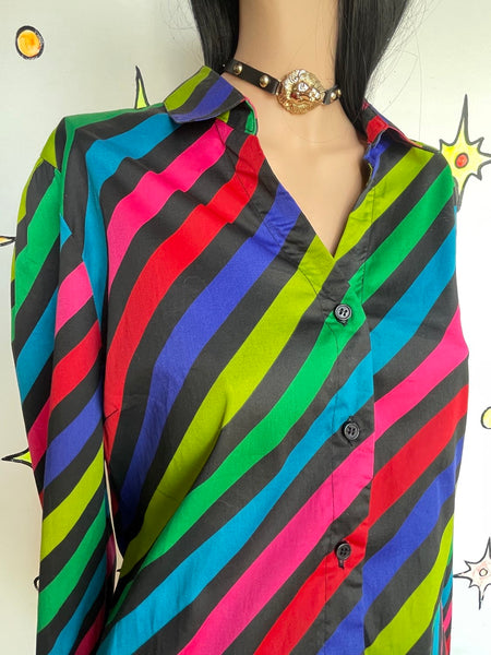 Rainbow Striped Button Up Shirt – Rainbowcore Fairy Grunge Boho Pride Top L/XL