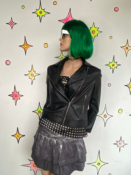 Y2K Black Vegan Leather Moto Jacket Indie Sleaze Grunge Biker Chic M