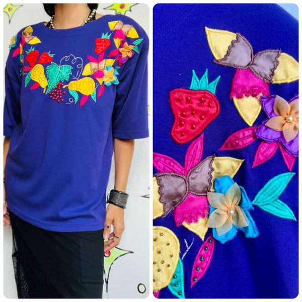 Vintage 80s Embellished Sequin Fruit Tee Deadstock Art Wear Statement Shirt - M