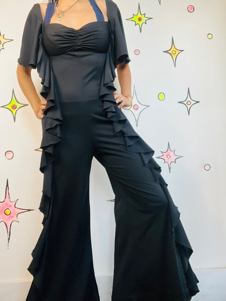 Vintage 1970s Black Ruffled Disco Jumpsuit | Glam Flare Party Catsuit | Small