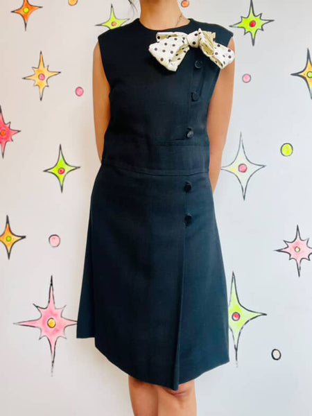 Vintage 60s 70s Black & White Mod GoGo Mini Dress Polka Dot Pussy Bow M