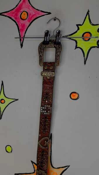Y2K Rhinestone Studded Cowhide Leather Belt Western Cowgirl Bling Statement Belt