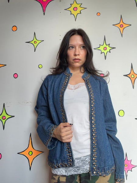 Y2K Beaded Denim Jacket | Embellished Rhinestone Indie Sleaze McBling Glam L