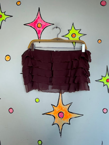 Y2K Burgundy Ruffle Micro Skirt Fairy Grunge Hip Belt Layering Mini Babydoll