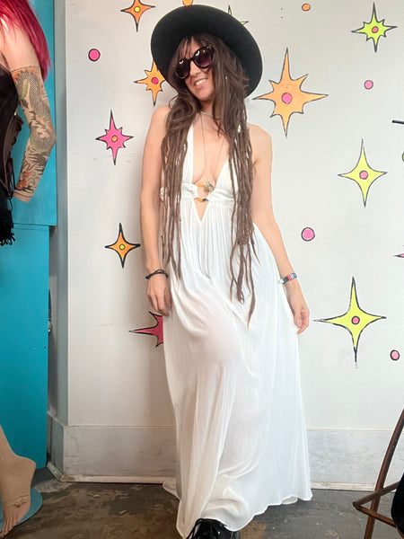 Y2K White Resort Maxi Dress Coastal Cowgirl Boho Cruise Goddess Dress Small