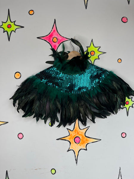 Y2K Metallic Emerald Feather Cape Glam Costume Statement Piece