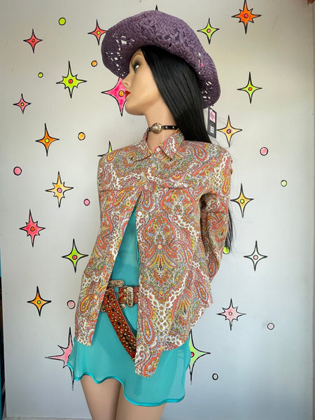 Talbots Paisley Button Up Shirt Rainbow Western Retro Layer Top Boho Vintage M