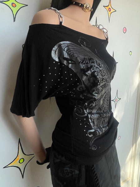 Y2K Black Chain Off Shoulder Butterfly Tattoo Top Cyber Grunge Whimsy Goth M
