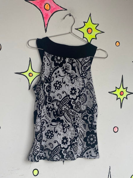 Black & White Paisley Scarf Bringe Top 90s Stretchy Fairy Grunge Whimsy Goth - S
