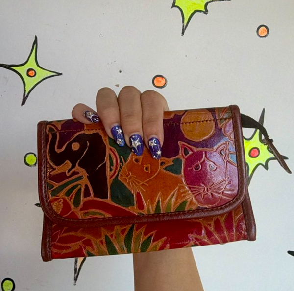 90s Hand-Tooled Rainbow Cat Print Patent Leather Clutch Folk Art Cottagecore